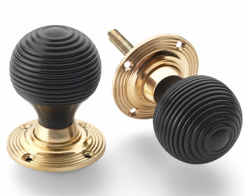 Six Pair Black Ebonised Polished Brass Beehive Door Knob Handle Rim Mortice