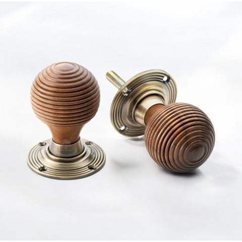 Six Pair Rosewood Antique Brass Beehive Door Knob Handle Brown Rim Mortice