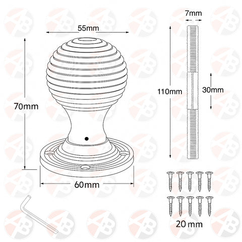 Technical drawing showing dimensions of a rosewood beehive door knob set, spindle and screws.
