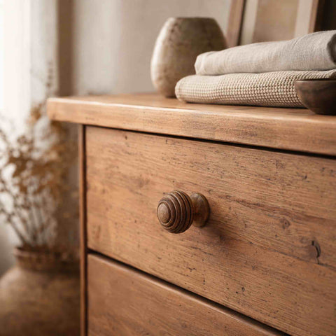 Small rosewood beehive cupboard knob fitted to a rustic wooden chest of drawers in a traditional interior setting.