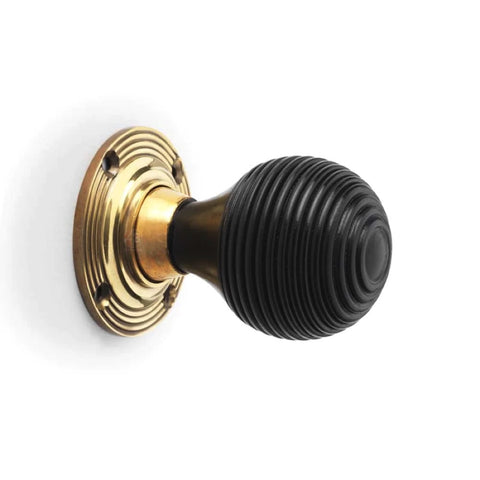 Small Victorian Gothic Rim Lock Ebonised Aged Brass Beehive Door Knobs