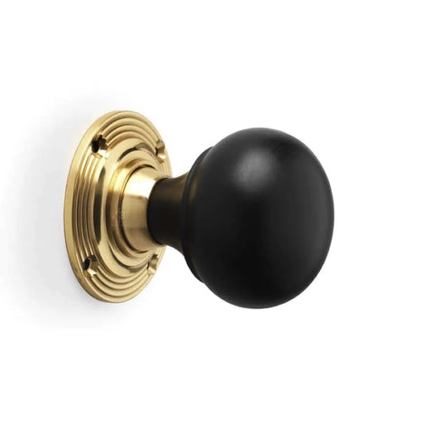 Small Victorian Gothic Rim Lock Ebonised Polished Brass Bun Door Knobs