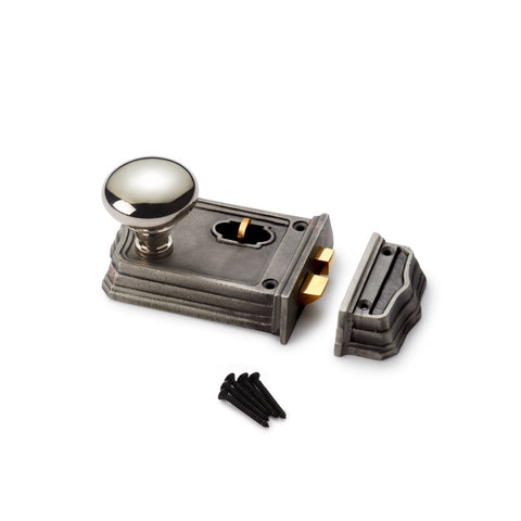 Small Victorian Gothic Rim Lock Polished Nickel Cottage Door Knobs