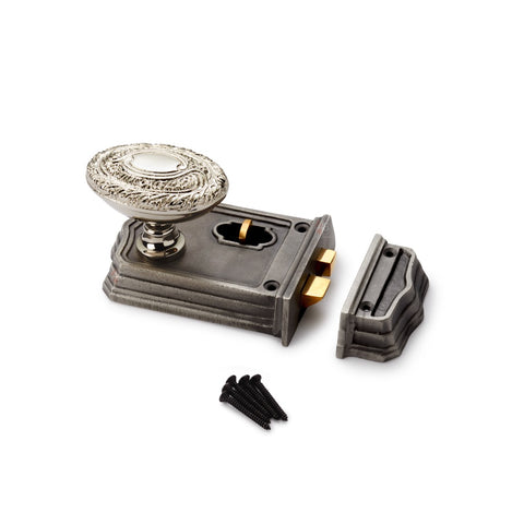 Small Victorian Gothic Rim Lock Polished Nickel Floral Oval Door Knobs