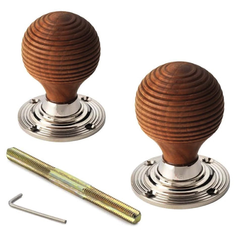Small Victorian Gothic Rim Lock Teak Polished Nickel Beehive Door Knobs