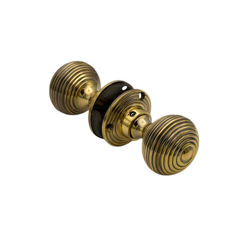 Aged Brass Beehive Rim Mortice Door Knob Pair