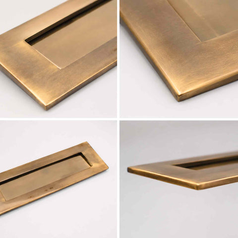 Close-up detail collage of the aged brass letter plate highlighting the hand-finished patina, slim profile, recessed flap and solid brass construction.