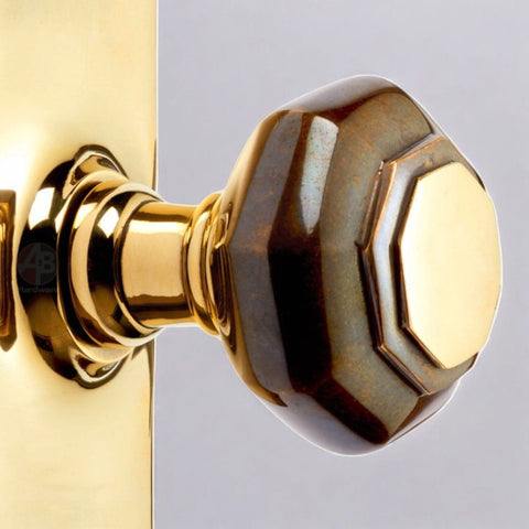 Solid Aged Brass Octagonal on Backplate Door Knobs Mortice Pair Regency Antique