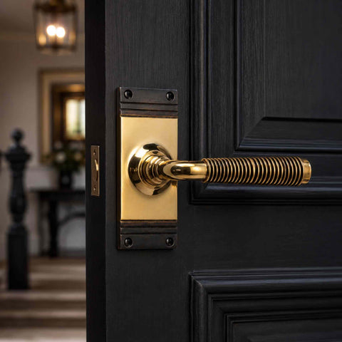 Solid aged brass reeded lever door handle on backplate fitted to a black panelled door, showcasing the warm brass finish and traditional reeded grip.