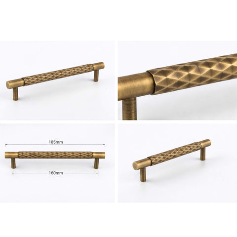 Diamond cut brass cabinet handle showing detail texture and 160mm fixing centres dimensions