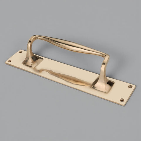 Angled view of solid brass door pull handle on rectangular backplate with four countersunk fixing holes.