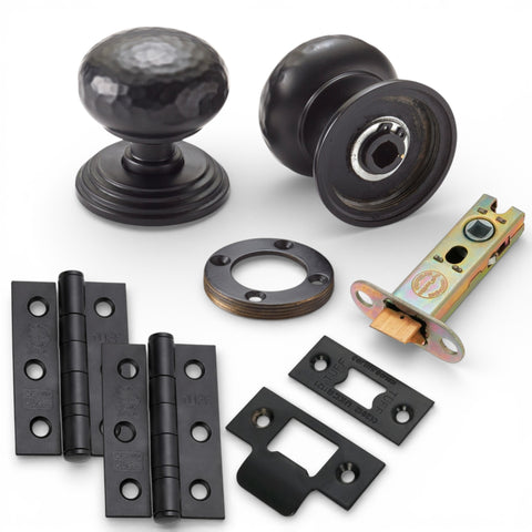 Hammered mortice door knobs on stepped backplate in powder coated black latch pack with CE7 hinges and 3 inch heavy duty tubular latch