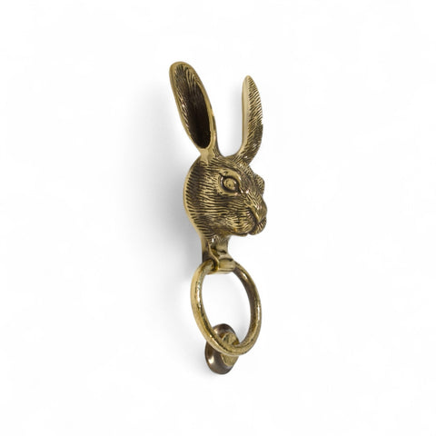 Solid Brass Hare Door Knocker – Aged Brass with Hammered Ring