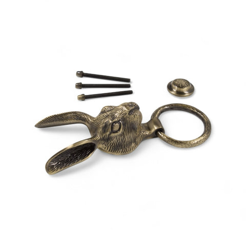 Solid Brass Hare Door Knocker – Antique Brass with Hammered Ring