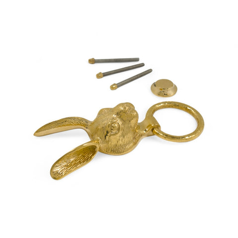 Solid Brass Hare Door Knocker – Polished Brass with Hammered Ring