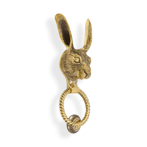 Solid Brass Hare Door Knocker with Reeded Ring – Aged Brass Finish