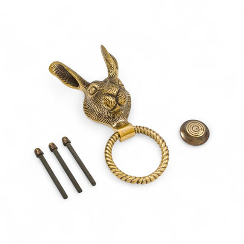 Solid Brass Hare Door Knocker with Reeded Ring – Aged Brass Finish