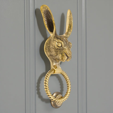 Solid Brass Hare Door Knocker with Reeded Ring – Aged Brass Finish