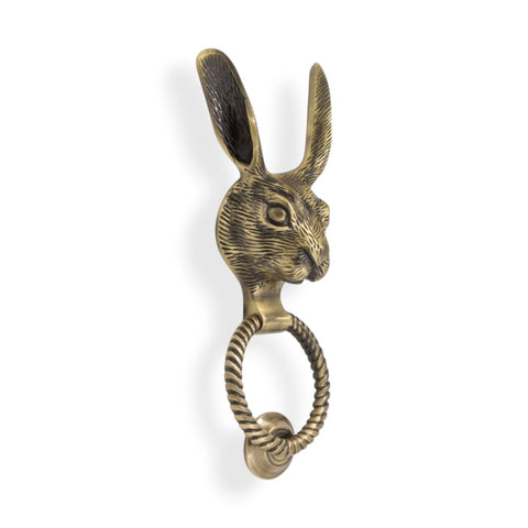 Solid Brass Hare Door Knocker with Reeded Ring – Antique Brass Finish