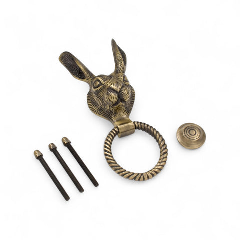 Solid Brass Hare Door Knocker with Reeded Ring – Antique Brass Finish