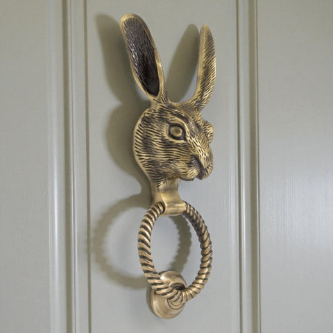 Solid Brass Hare Door Knocker with Reeded Ring – Antique Brass Finish