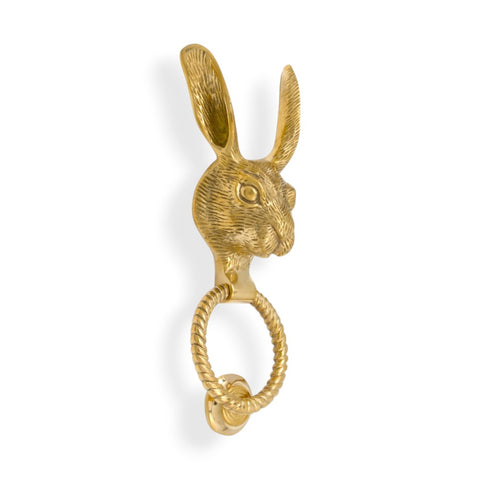 Solid Brass Hare Door Knocker with Reeded Ring – Polished Brass Finish