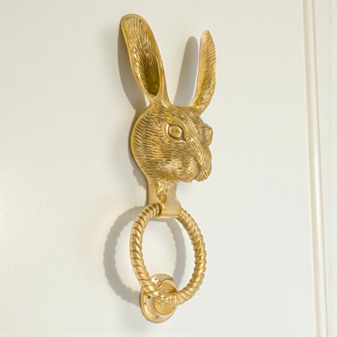 Solid Brass Hare Door Knocker with Reeded Ring – Polished Brass Finish