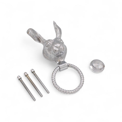 Solid Brass Hare Door Knocker with Reeded Ring – Polished Chrome Finish