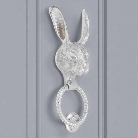 Solid Brass Hare Door Knocker with Reeded Ring – Polished Chrome Finish