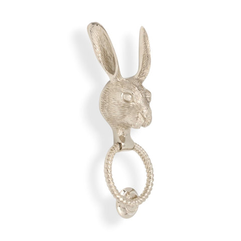 Solid Brass Hare Door Knocker with Reeded Ring – Polished Nickel Finish