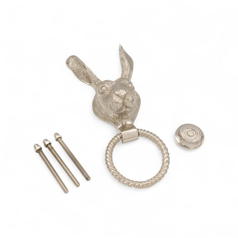 Solid Brass Hare Door Knocker with Reeded Ring – Polished Nickel Finish