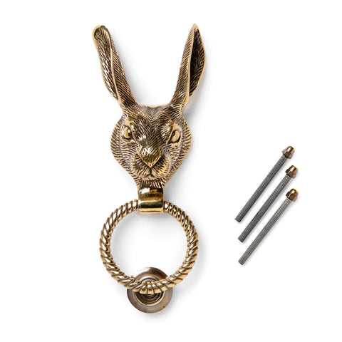 Solid brass hare door knocker with reeded ring in aged brass finish supplied with fixing bolts