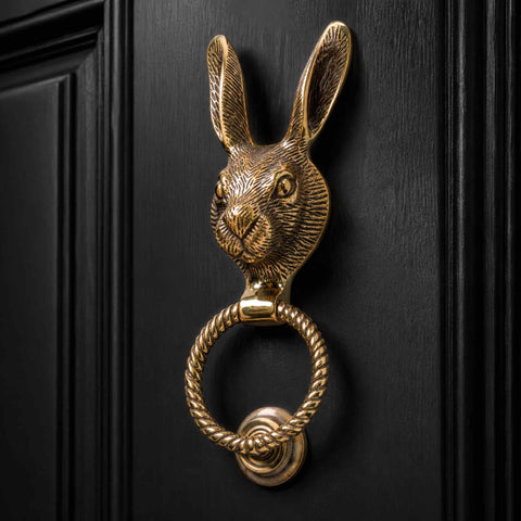 Close-up of aged brass hare door knocker showing detailed hare head design and twisted reeded ring