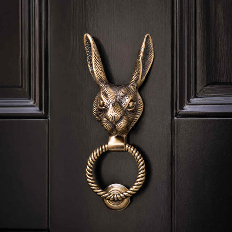 Close-up of antique brass hare door knocker showing detailed hare head and textured finish