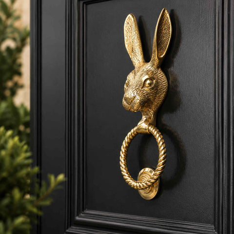 Solid Brass Hare Door Knocker with Reeded Ring in Polished Brass Finish Mounted on Black Front Door