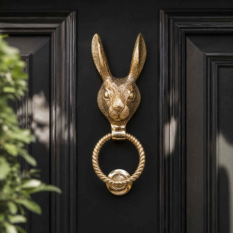 Close-Up of Solid Brass Hare Door Knocker in Polished Brass Finish Showing Detailed Hare Design