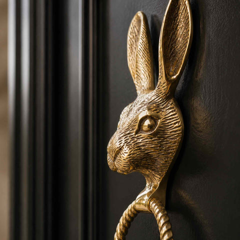 Close-Up of Solid Brass Hare Door Knocker in Polished Brass Finish Showing Detailed Hare Head