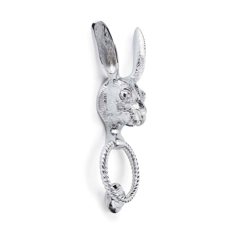 Solid Brass Hare Door Knocker with Reeded Ring in Polished Chrome Finish Side View
