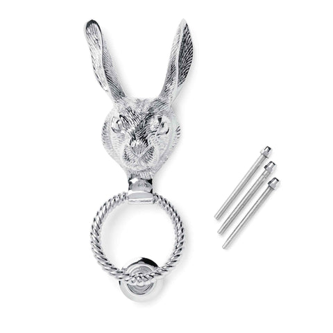 Solid Brass Hare Door Knocker with Reeded Ring in Polished Chrome Finish with Fixing Bolts