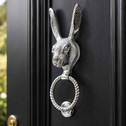 Close-Up of Solid Brass Hare Door Knocker with Reeded Ring in Polished Chrome Finish