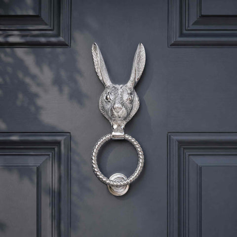 Full Front View of Solid Brass Hare Door Knocker with Reeded Ring in Polished Chrome Finish Mounted on Door