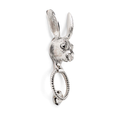 Solid Brass Hare Door Knocker with Reeded Ring in Polished Nickel Finish Side View
