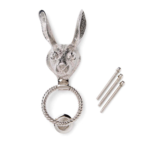 Solid Brass Hare Door Knocker with Reeded Ring in Polished Nickel Finish with Fixing Bolts