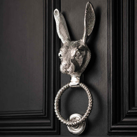 Solid Brass Hare Door Knocker with Reeded Ring in Polished Nickel Finish Mounted on Black Front Door