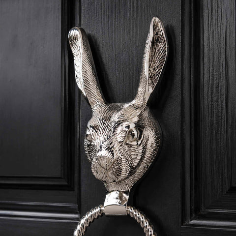 Close-Up of Solid Brass Hare Door Knocker with Reeded Ring in Polished Nickel Finish