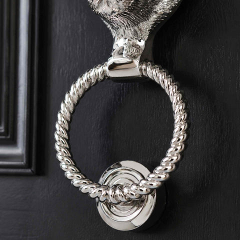 Detailed View of Solid Brass Hare Door Knocker with Reeded Ring in Polished Nickel Finish Showing Textured Hare Design