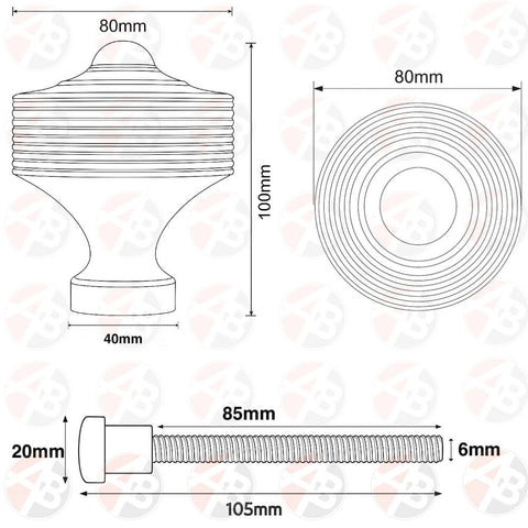 Technical drawing of 80mm solid brass reeded centre door knob with dimensions in mm