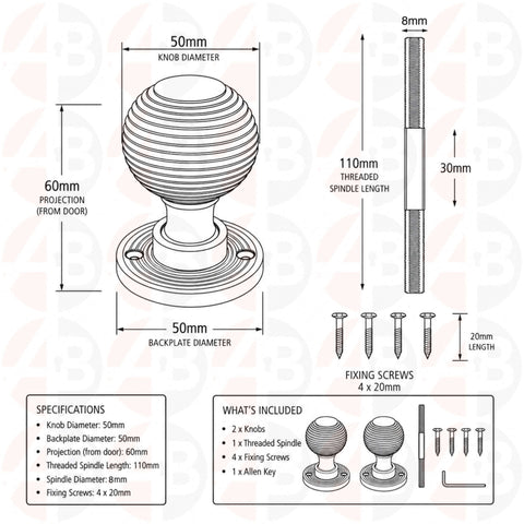 Technical drawing and dimensions for satin brass beehive door knobs pair