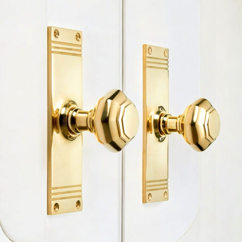 Solid Polished Brass Octagonal on Backplate Door Knobs Mortice Pair Regency