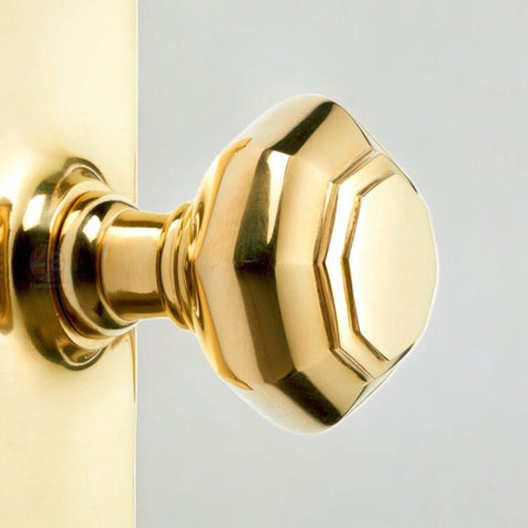Solid Polished Brass Octagonal on Backplate Door Knobs Mortice Pair Regency